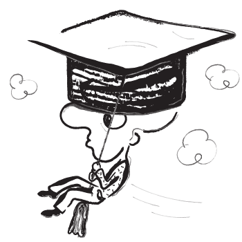 Hand drawn illustration of a person wearing a mortarboard swinging through clouds signifying cloud native learning